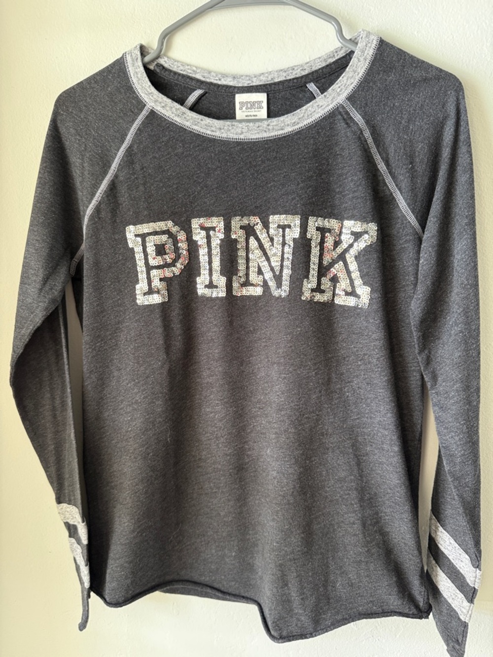 Victoria’s Secret PINK sequin t shirt long sleeve varsity gray